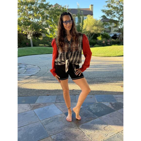 Upcycled Mystree Plaid Rayon Button Down with Sweater Puff Sleeves Size S-M - Picture 3 of 9